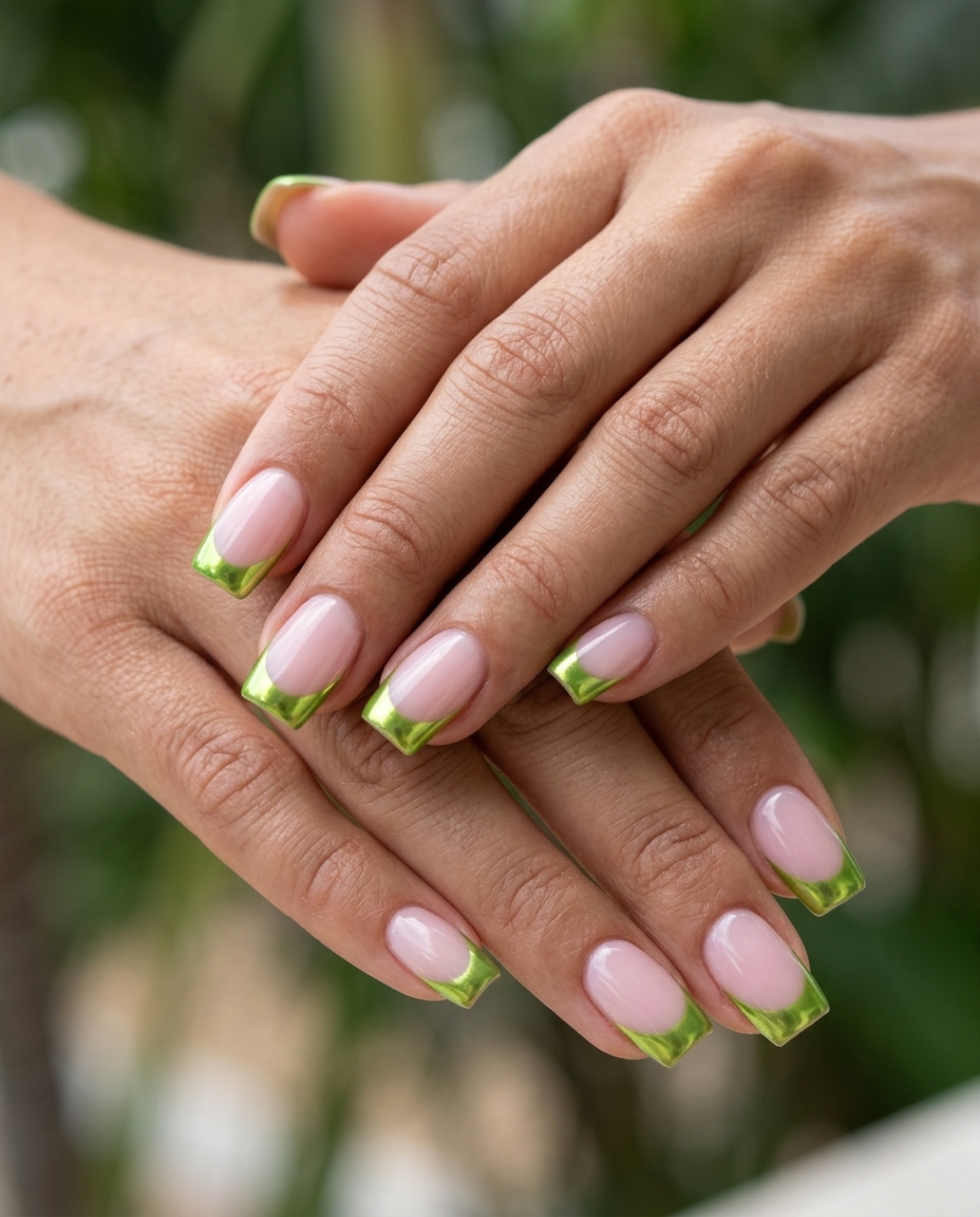 Lime Chrome French Tip Nails 2026: Edgy & Modern Lime green chrome French tip square nails for parties and nights out. Edgy tropical nail designs 2026.