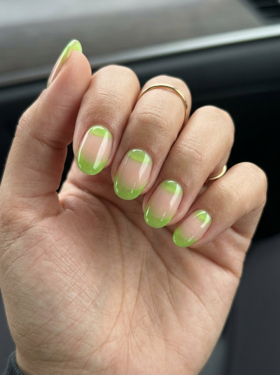 Lime Jelly French Nails 2026: Fresh & Fun Zesty lime green jelly reverse French coffin nails for casual outings. Youthful tropical nail designs 2026.