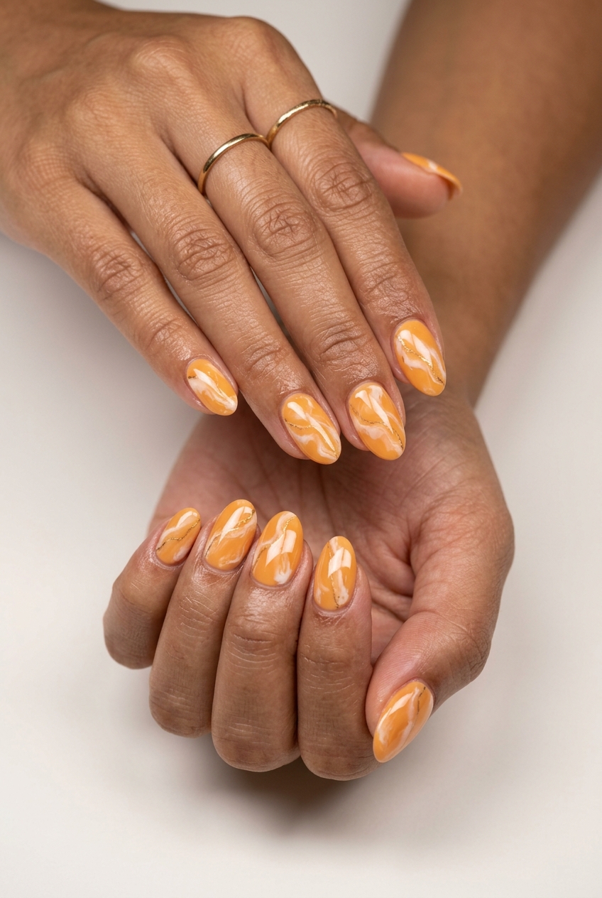 Mango Orange Marble Nails 2026 | Formal Event Style Sophisticated mango orange marble nails with creamy white and gold for formal events and date nights in 2026.