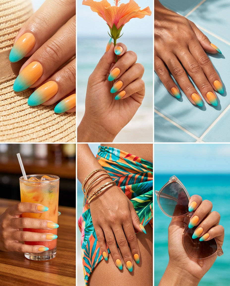 Tropical Ombre Nails 2026: Vacation Ready Mango orange and turquoise ombre ballerina nails for vacation and summer events. Tropical nail designs 2026.