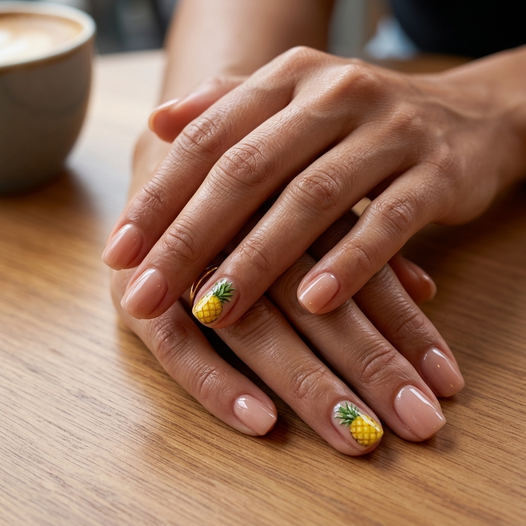 Pineapple Nail Art 2026: Chic & Casual Pineapple slice nude almond nails for casual outings. Chic tropical nail designs 2026.