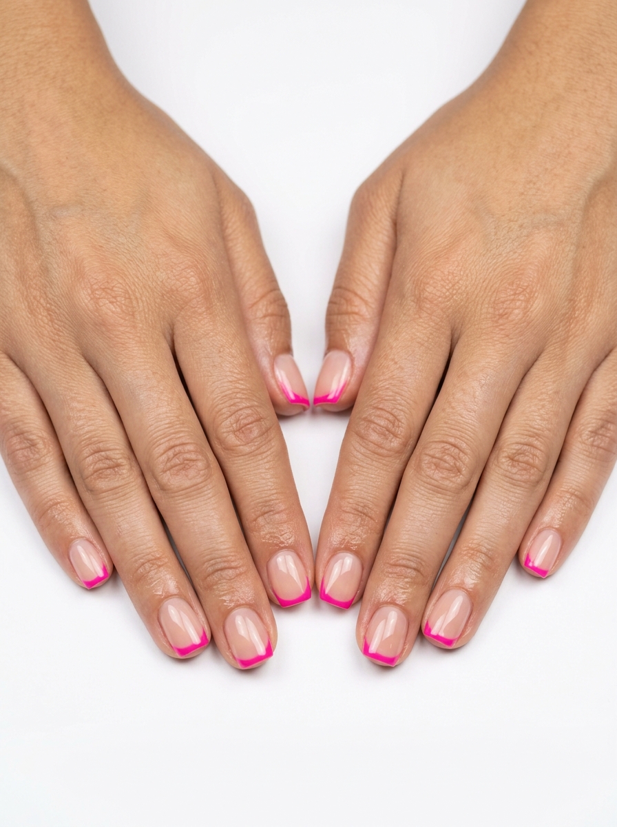 Pink Micro French Nails 2026: Chic & Playful Tropical pink micro French accent square nails for daily wear and work. Chic tropical nail designs 2026.