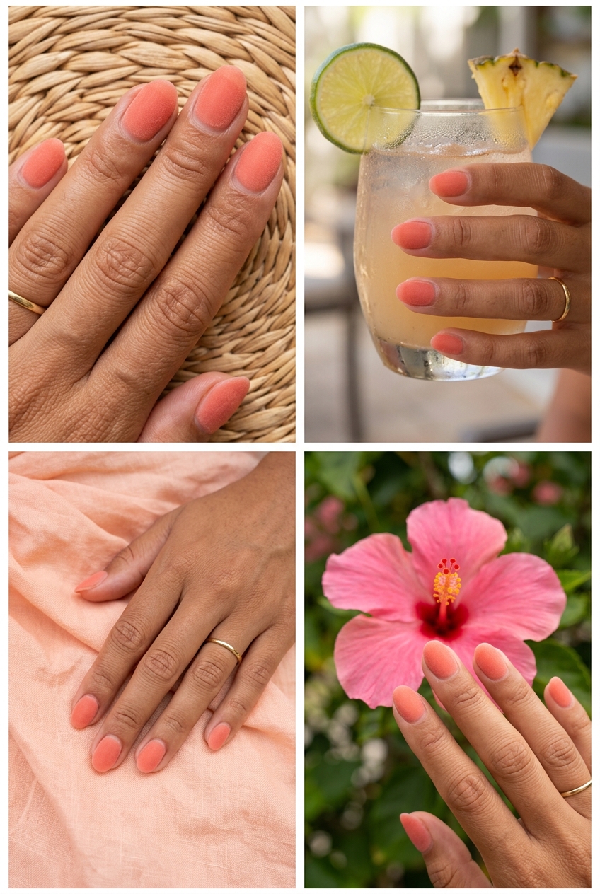 Velvet Coral Nails 2026: Elegant & Chic Sheer coral velvet finish almond nails for weddings and elegant dinners. Sophisticated tropical nail designs 2026.