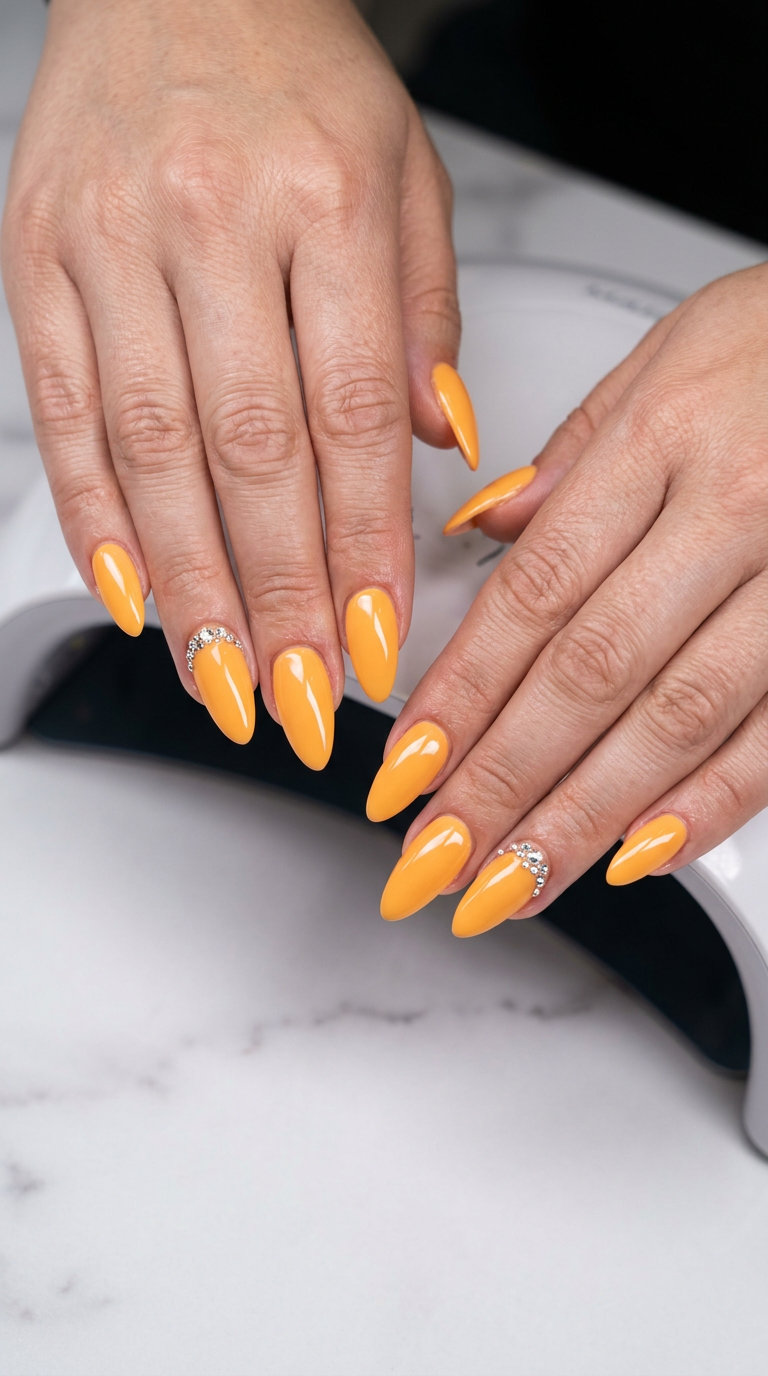 Gemstone Mango Nails 2026: Glamorous & Elegant Tropical gemstone mango orange almond nails with rhinestones for date nights. Glamorous tropical nail designs 2026.
