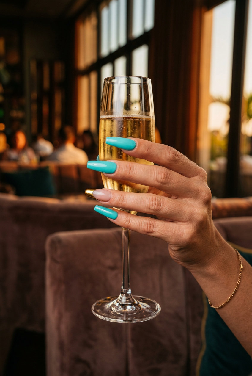 Turquoise Chrome Nails 2026: Party Ready Golden hour turquoise chrome accent square nails for evening parties. Modern tropical nail designs 2026.