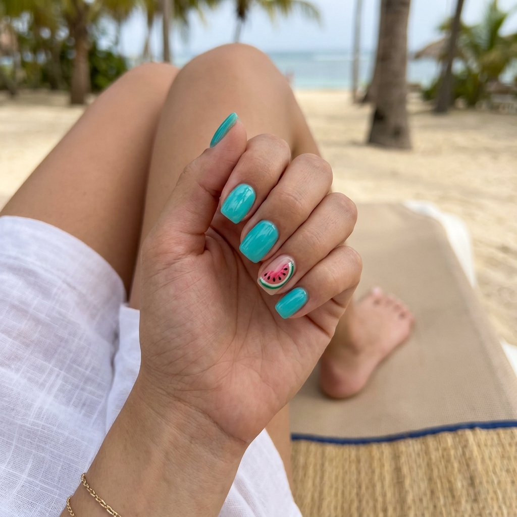 Turquoise Watermelon Slice Nails 2026 | Fun Summer Vibe Turquoise Watermelon Slice Accent nails: turquoise jelly with watermelon art for beach days & summer parties. Tropical nail designs 2026.