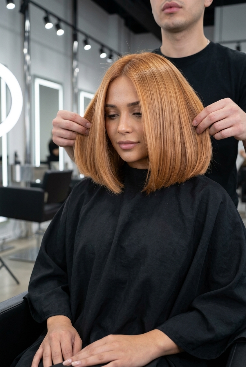 True Strawberry Blonde Bob 2026 short blunt bob true strawberry blonde with high-gloss finish, all-over color, no fringe — glamorous special occasion