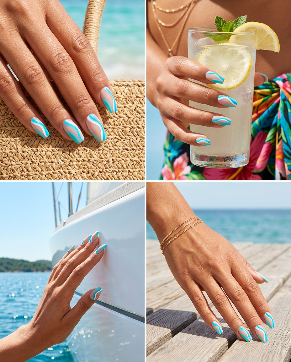 Aqua Abstract Coffin Nails | Vacation Nails Summer 2026 Aqua abstract line coffin nails for art gallery visit, city break, or night out. Vacation nails summer 2026.