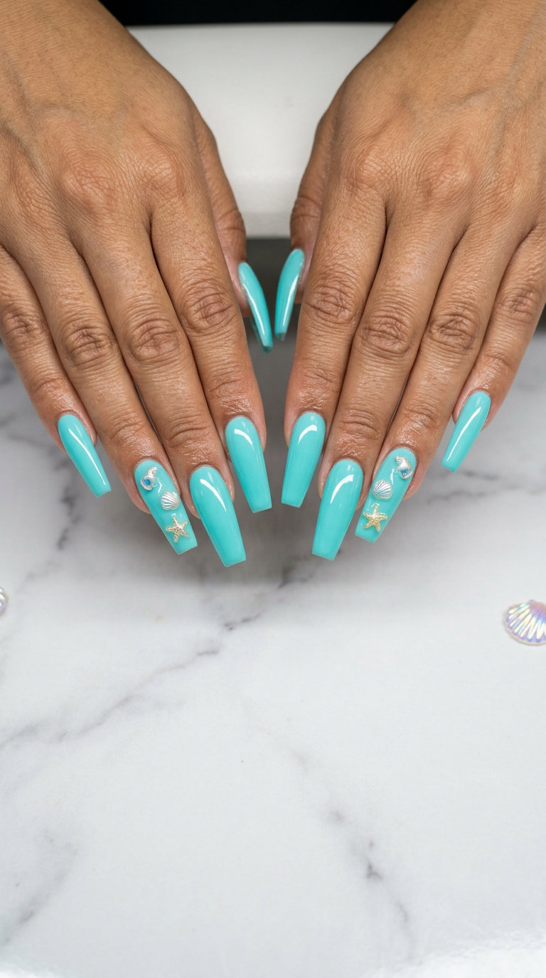 Aqua Beach Charms Vacation Nails Summer 2026 Aqua Beach Charms vacation nails summer 2026: vivid aqua with shell charms for tropical getaways.