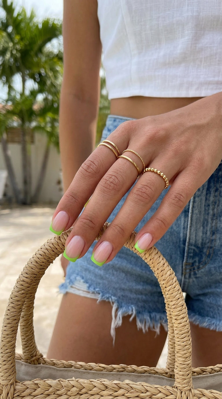 Citrus Micro French Vacation Nails Summer 2026 Citrus Micro French vacation nails summer 2026: lime green micro tip on nude base for playful casual wear.