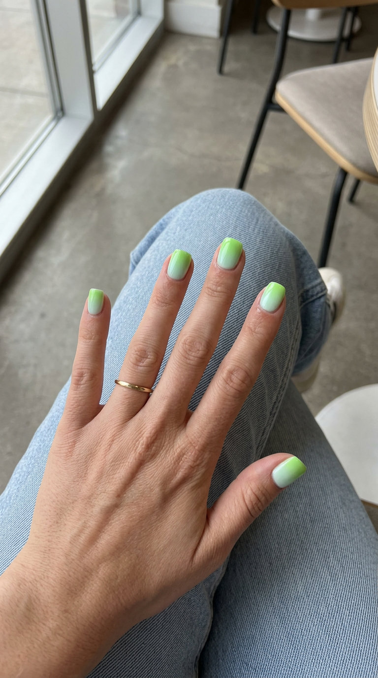 Lime Airbrush Fade Nails 2026 | Poolside Vacation Style Lime Airbrush Fade nails: soft pale green to vibrant lime gradient for vacation nails summer 2026. Fresh & playful.