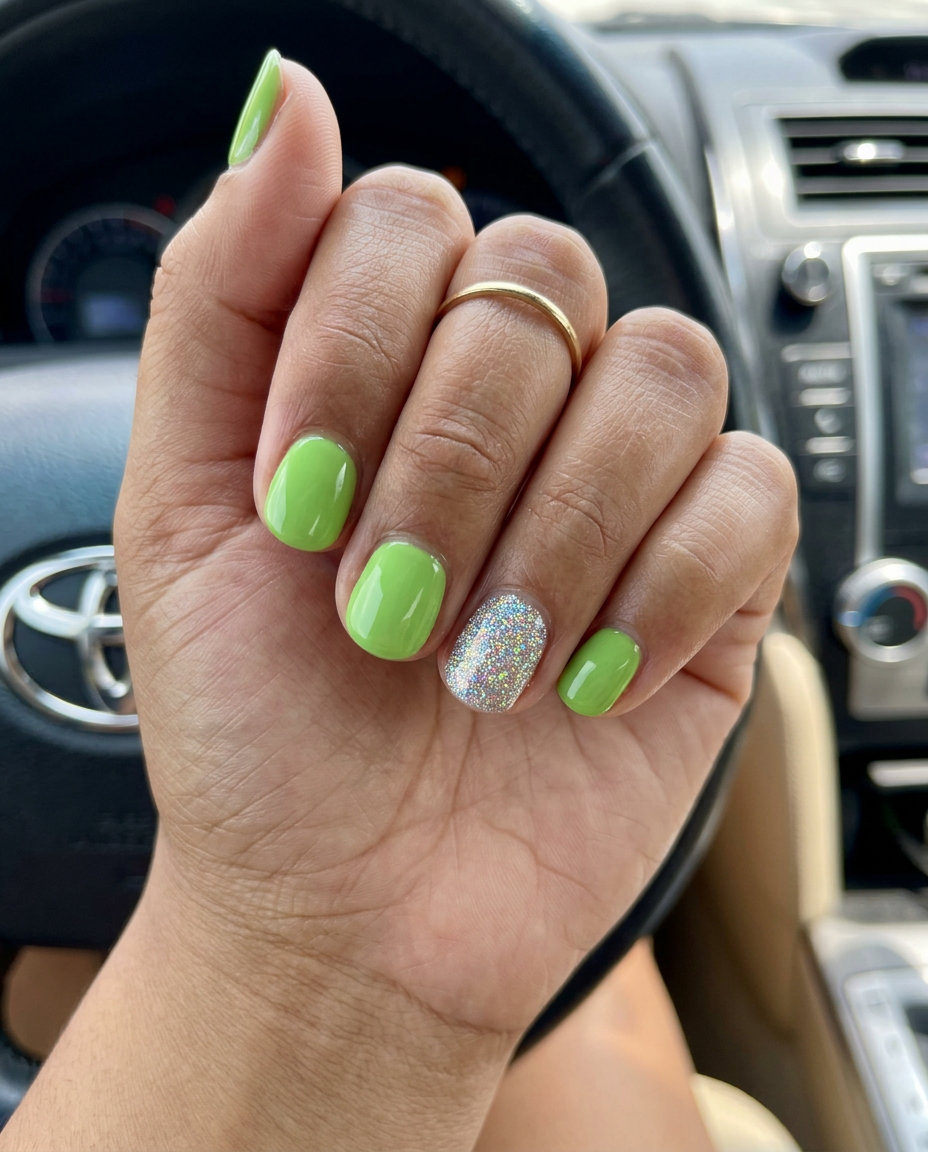 Lime Green Glitter Nails 2026 | Festival Vacation Style Lime Green Glitter Accent Nail: vibrant lime green with holographic glitter for vacation nails summer 2026.