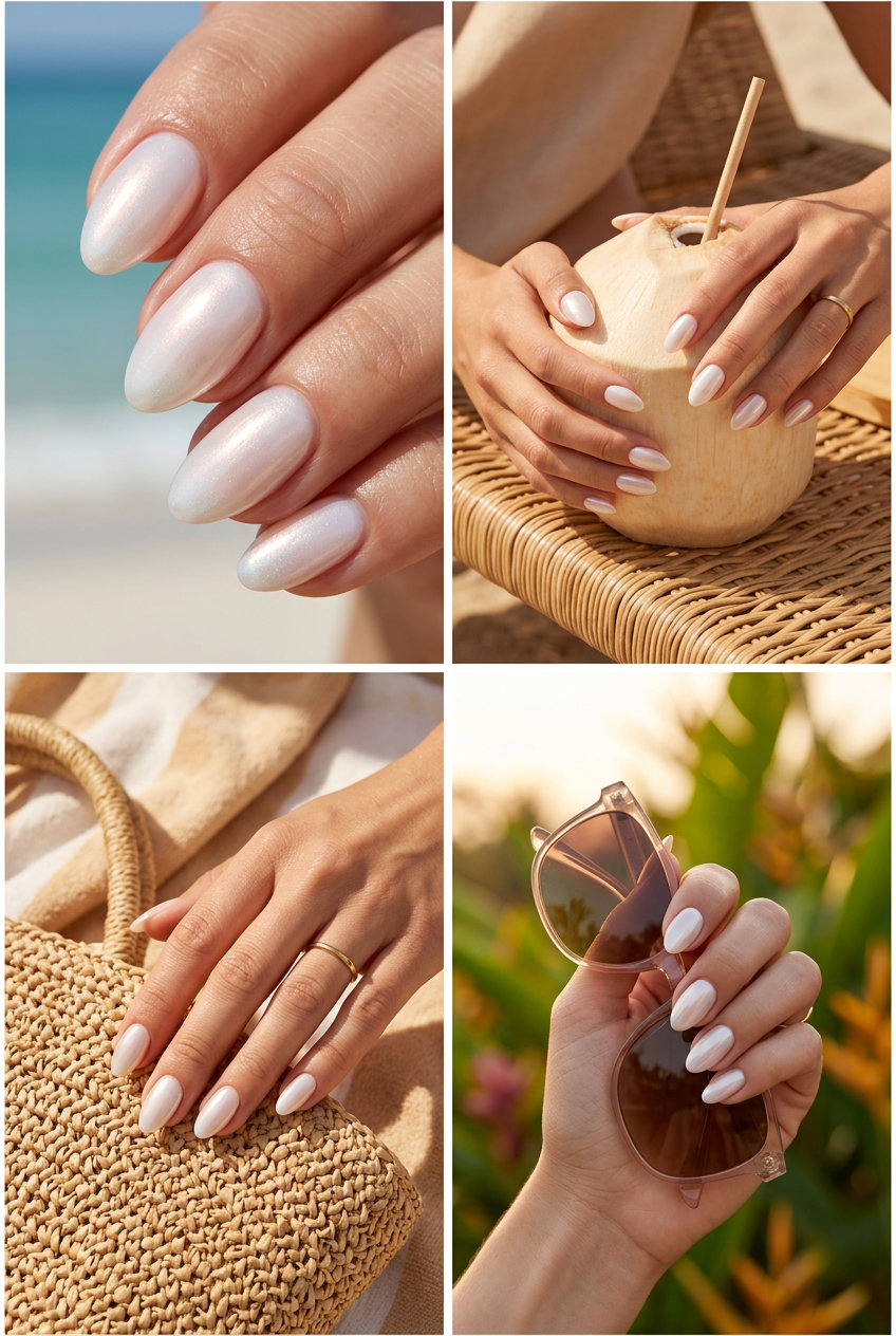 Milky Glazed Donut Vacation Nails Summer 2026 Milky Glazed Donut almond vacation nails summer 2026: sheer milky white with iridescent pearl chrome for honeymoon elegance.