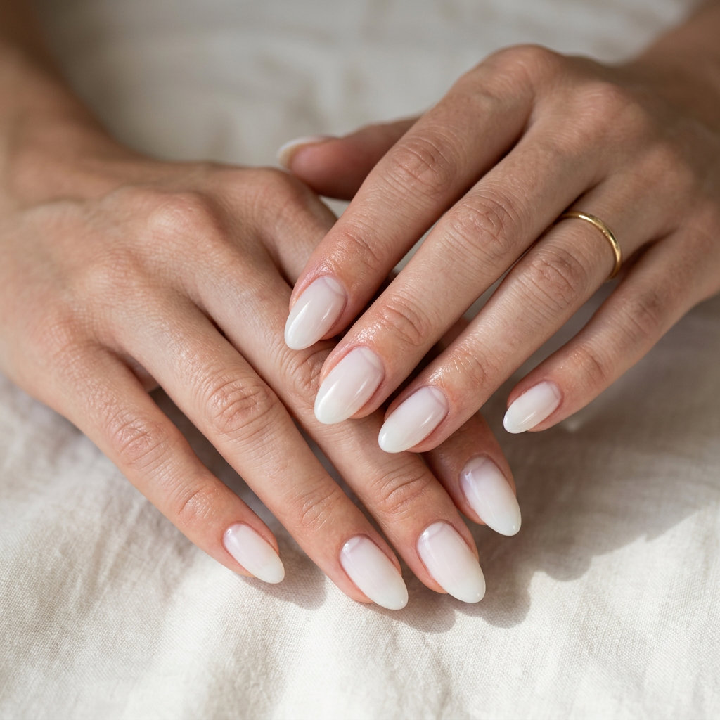 Milky White French Nails 2026 | Travel Vacation Style Sheer Milky White Reverse French nails: minimalist milky white for vacation nails summer 2026. Effortless chic.