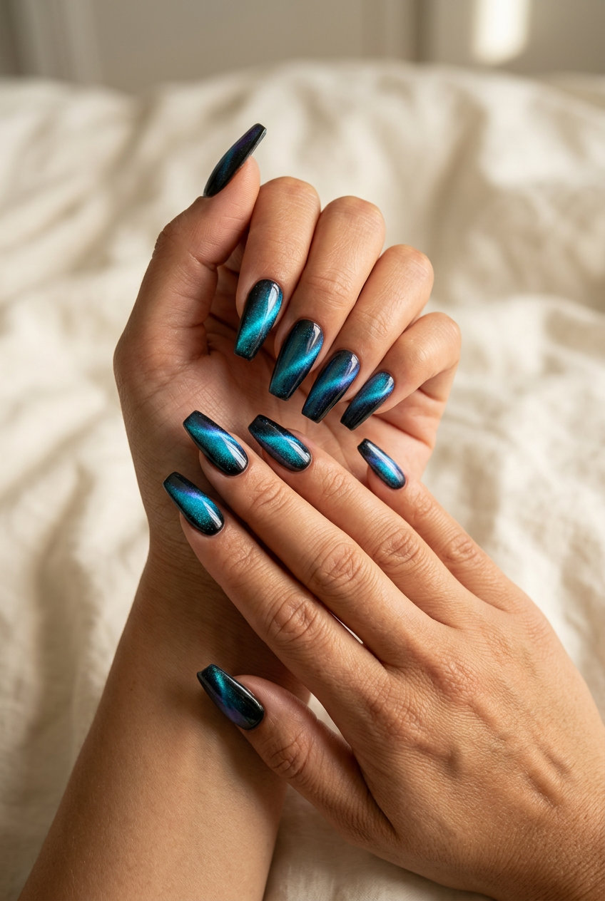 Mystic Aqua Cat-Eye Nails | Vacation Nails Summer 2026 Mystic aqua cat-eye coffin nails for vacation, night out, or evening events. Vacation nails summer 2026.