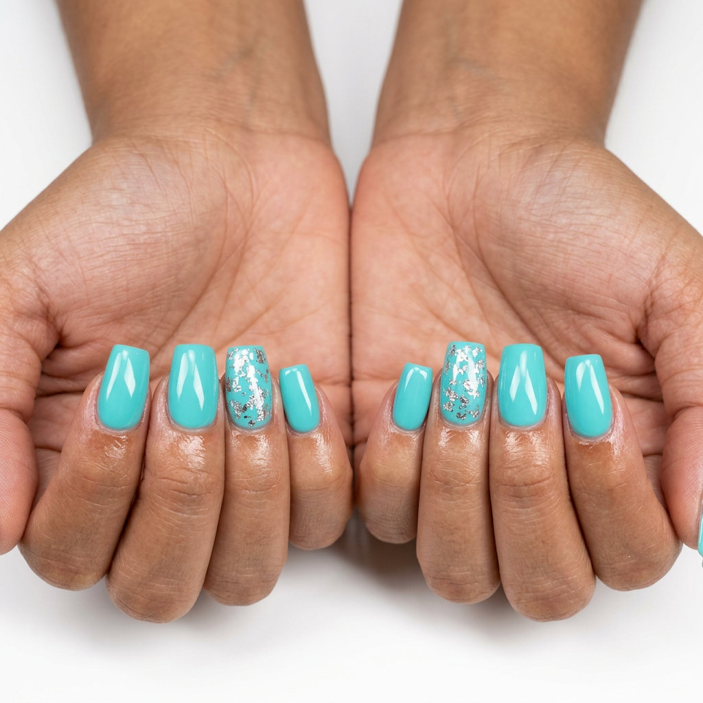 Oceanic Foil Shimmer Nails 2026 | Beach Vacation Style Oceanic Foil Shimmer nails: vivid aqua with scattered silver foil for vacation nails summer 2026. Bohemian glam.