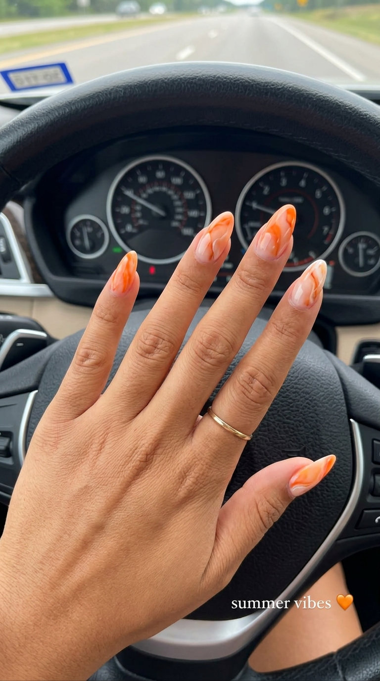Peachy Keen Marble Nails 2026 | Chic Vacation Style Peachy Keen Marble Negative Space nails: artistic blend for vacation nails summer 2026. Sophisticated chic.