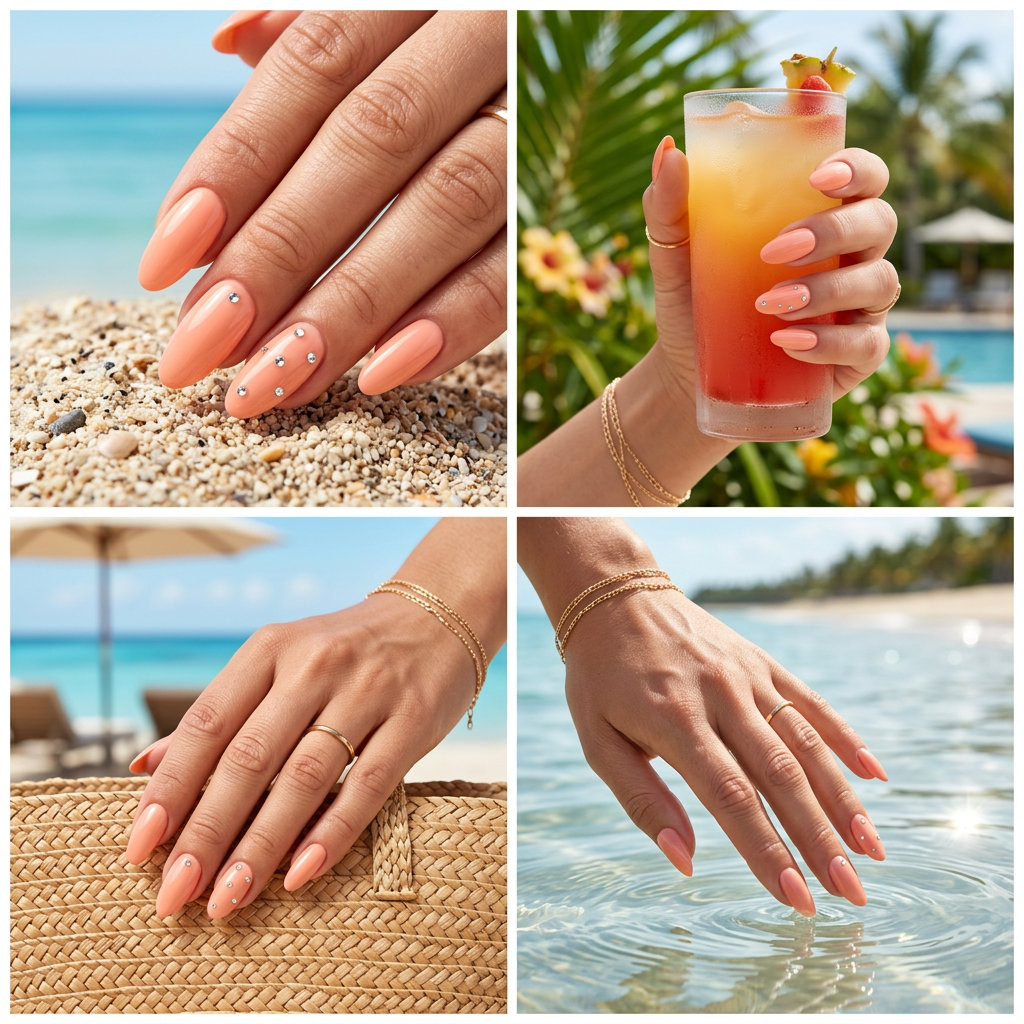 Peachy Keen Rhinestone Nails 2026 | Resort Glam Style Peachy Keen Rhinestone Sparkle nails: soft peachy keen with clear rhinestone accents for vacation nails summer 2026.