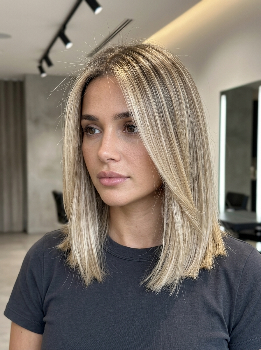 collarbone-length lob haircut with vanilla blonde babylights and soft beige, clean center part — sophisticated for summer