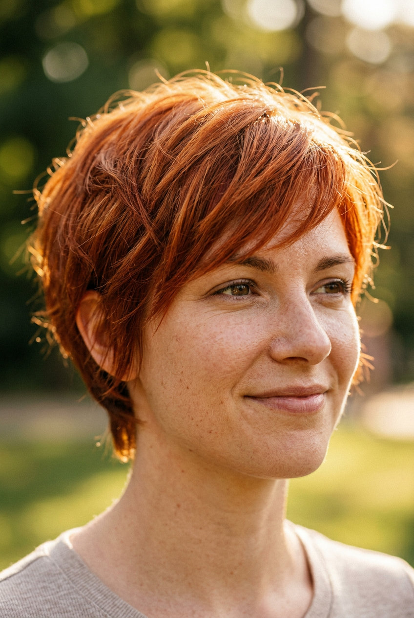 Copper Pixie Haircut 2026: Vibrant & Warm very short pixie haircut in vibrant copper with golden-copper babylights, tapered sides — playful energetic