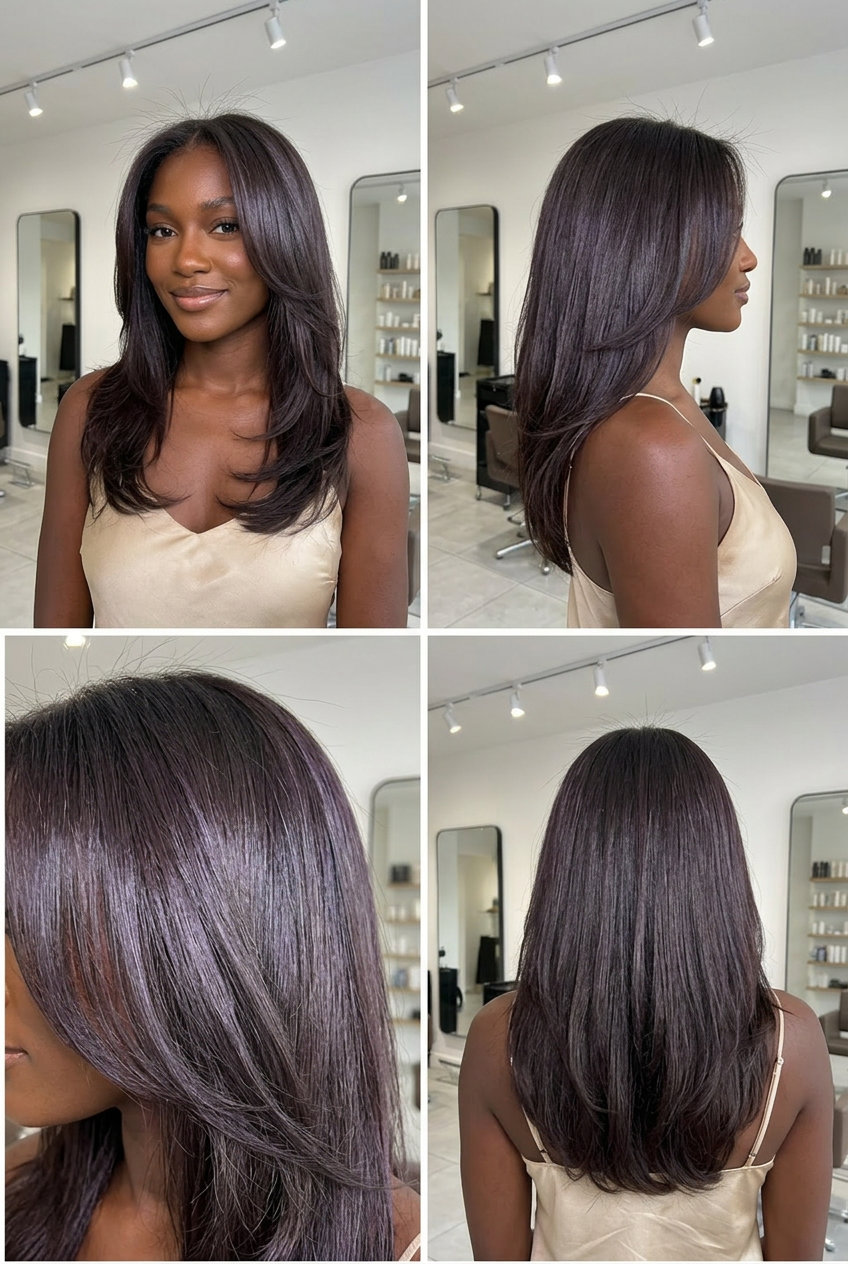 long violet glaze haircut with soft cascading layers and high shine