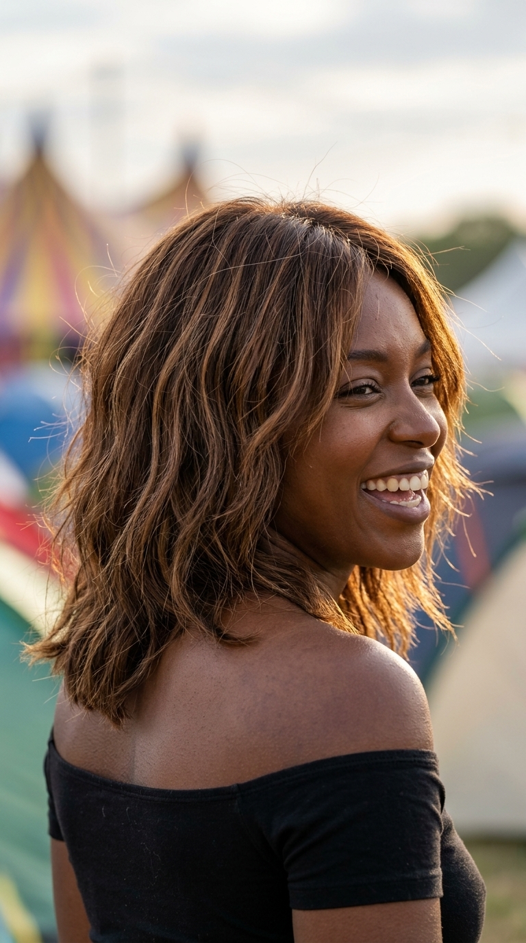 shoulder-length warm toffee brown shag with caramel highlights, internal coloring, textured layers — playful bohemian