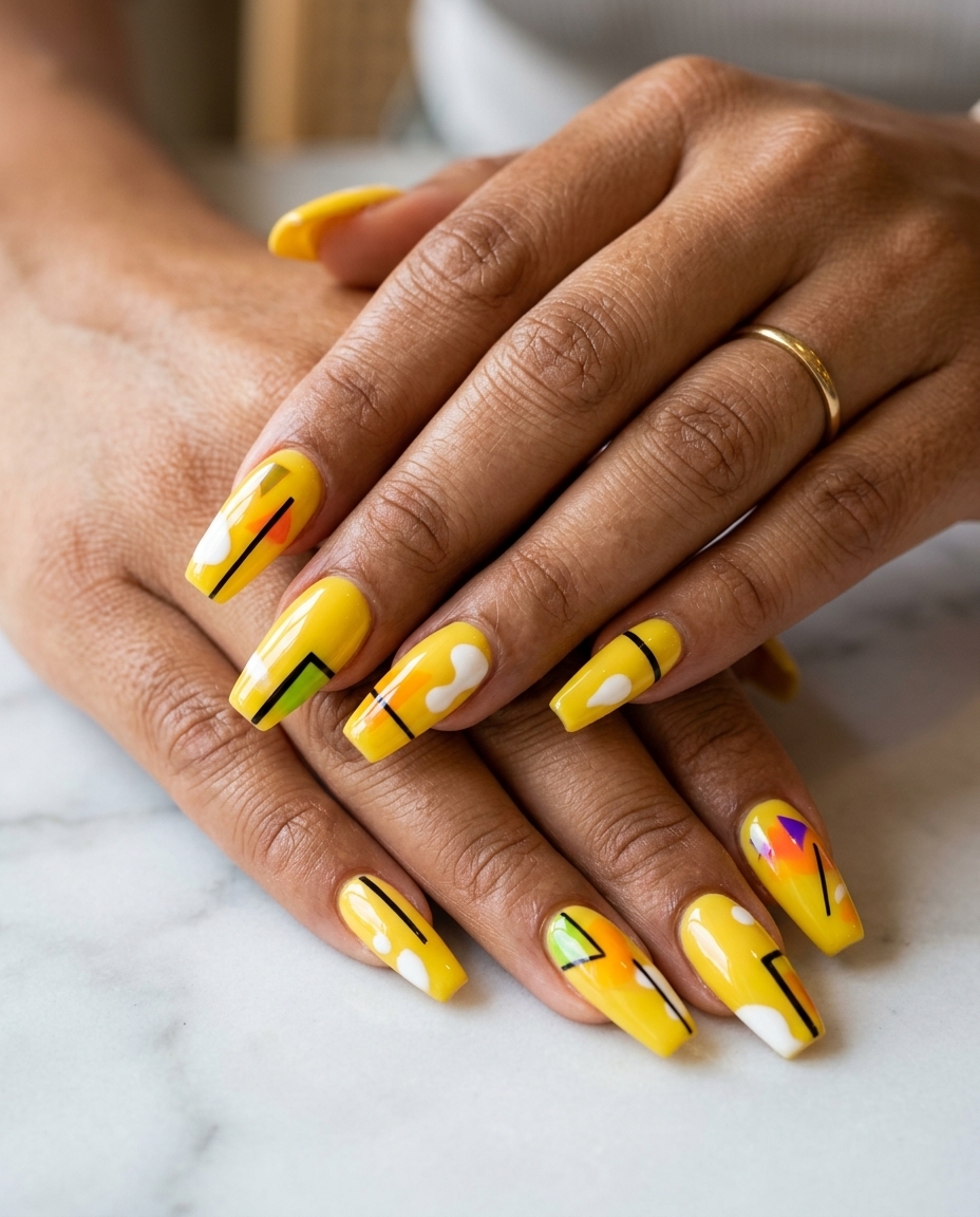 Bold yellow summer nails 2026: Abstract geometric art on bright yellow coffin nails for festivals and parties.