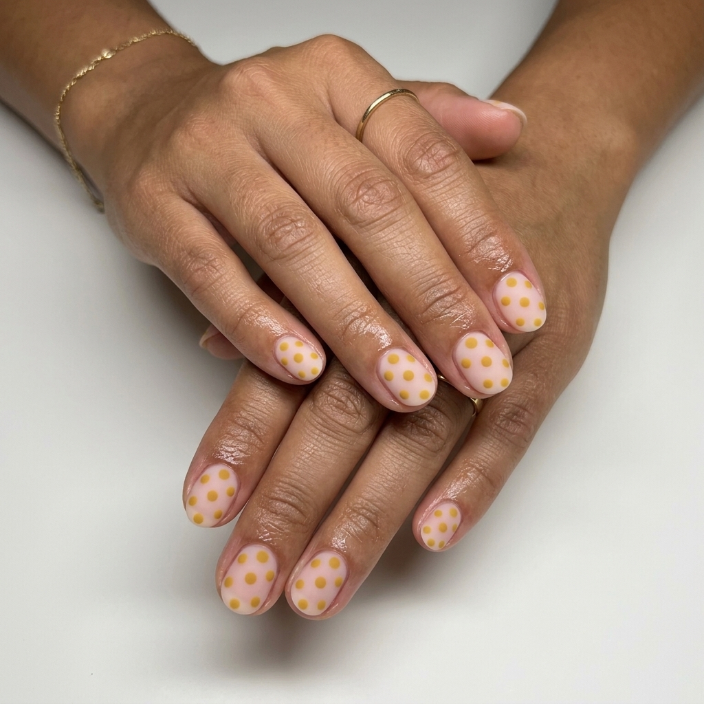 Playful matte mustard yellow dotticure on pale pink base. Yellow summer nails 2026.