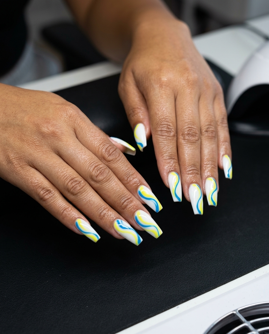 Lemon yellow and electric blue swirls on coffin nails for festivals and summer parties. Yellow summer nails 2026.