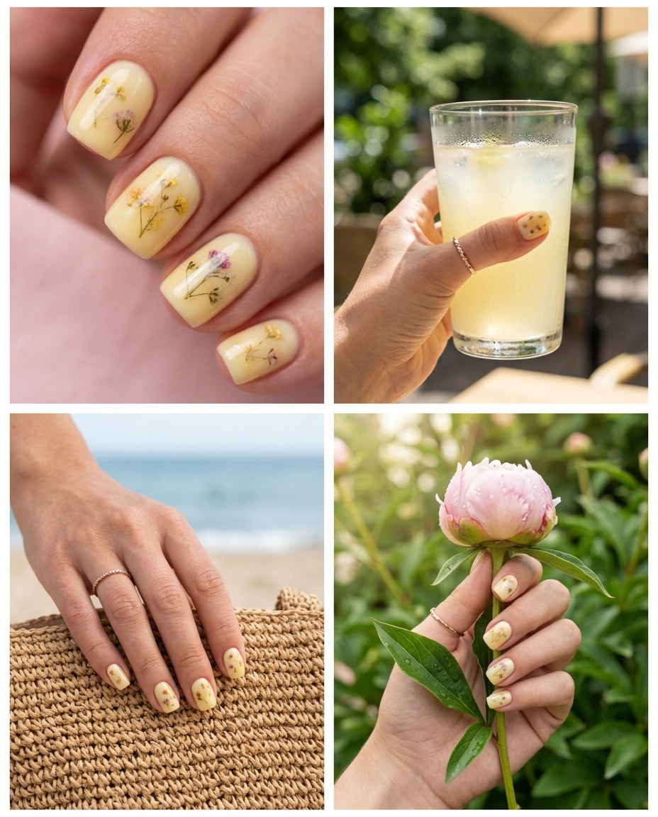 Romantic floral butter milk bath nails for summer events. Yellow summer nails 2026.