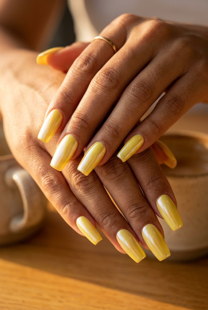 Futuristic festival nails: glossy lemon yellow with iridescent chrome shift. Yellow summer nails 2026.