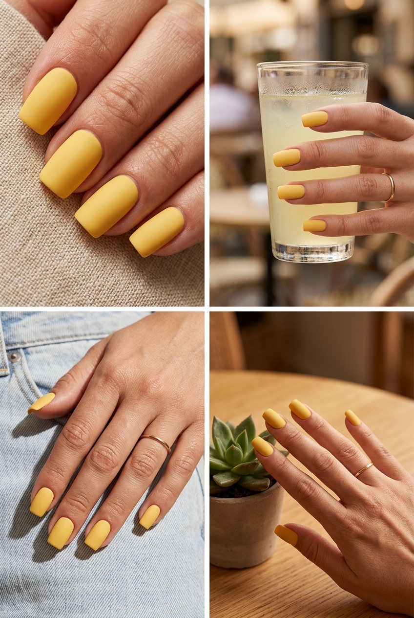 Earthy matte mustard yellow nails for everyday or work. Yellow summer nails 2026.