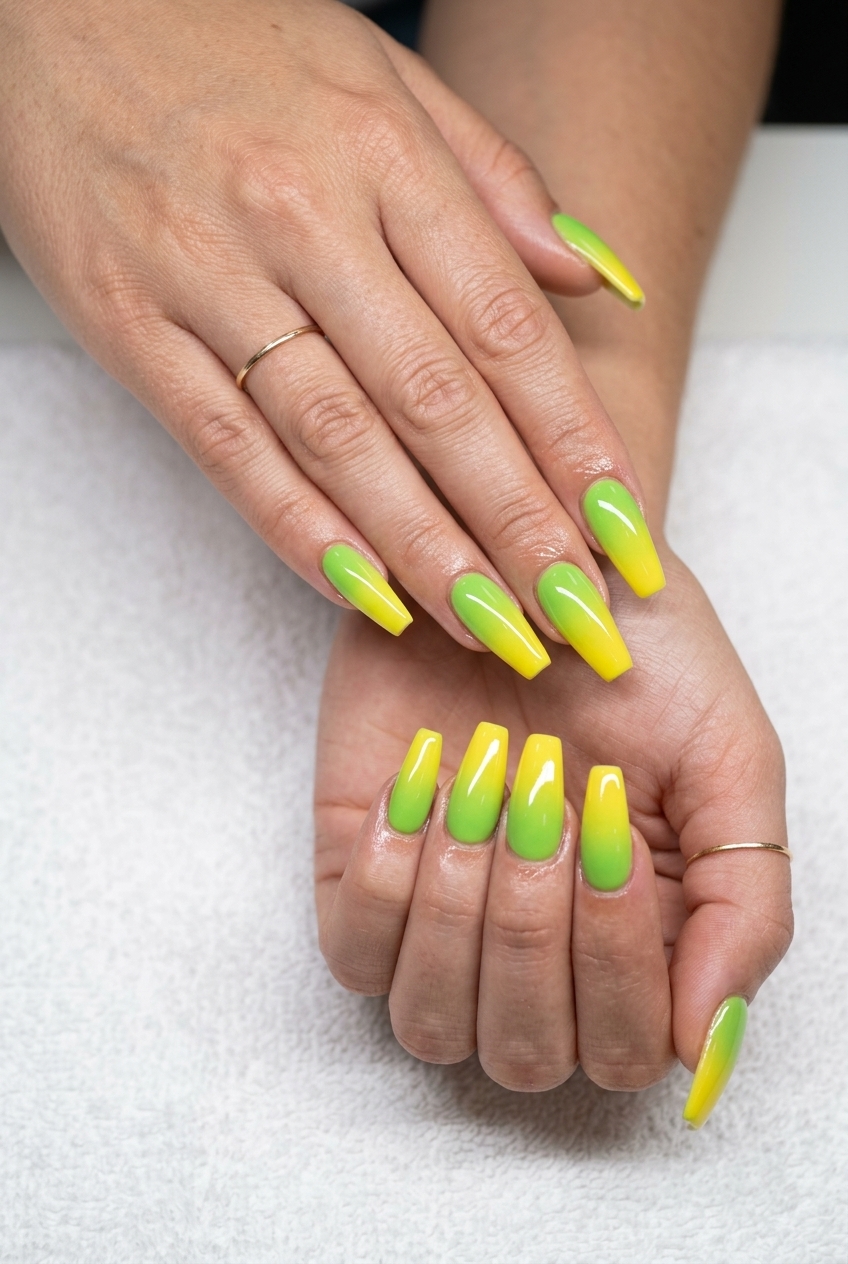 Lime green and yellow ombre stiletto nails for a playful summer vacation pool party look. Yellow summer nails 2026.
