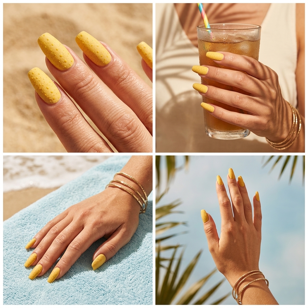 Bold yellow summer nails 2026: Matte mustard yellow with raised textured dots for festivals and night outs.
