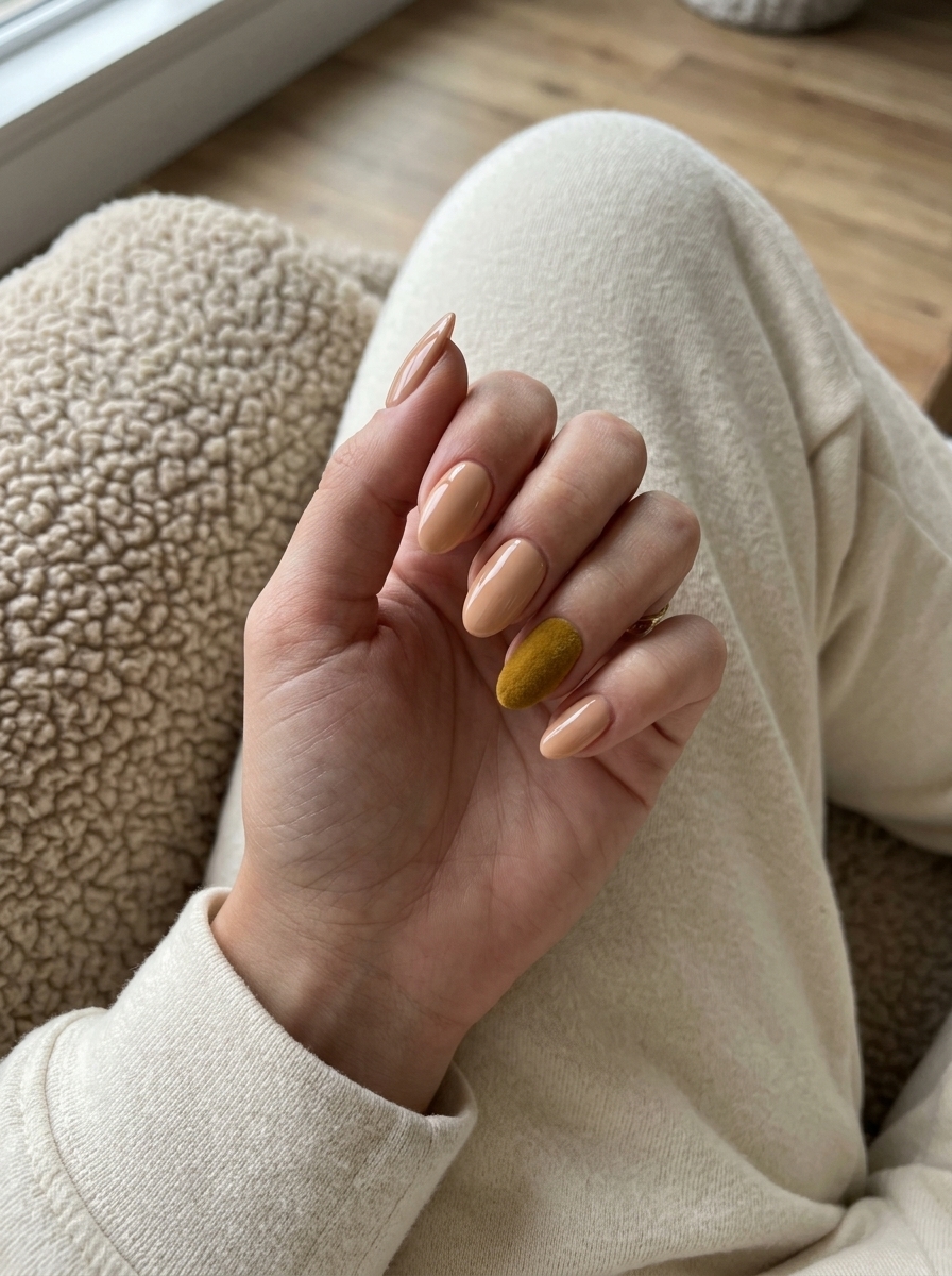 Sophisticated date night nails: glossy nude with a velvet mustard yellow accent nail. Yellow summer nails 2026.
