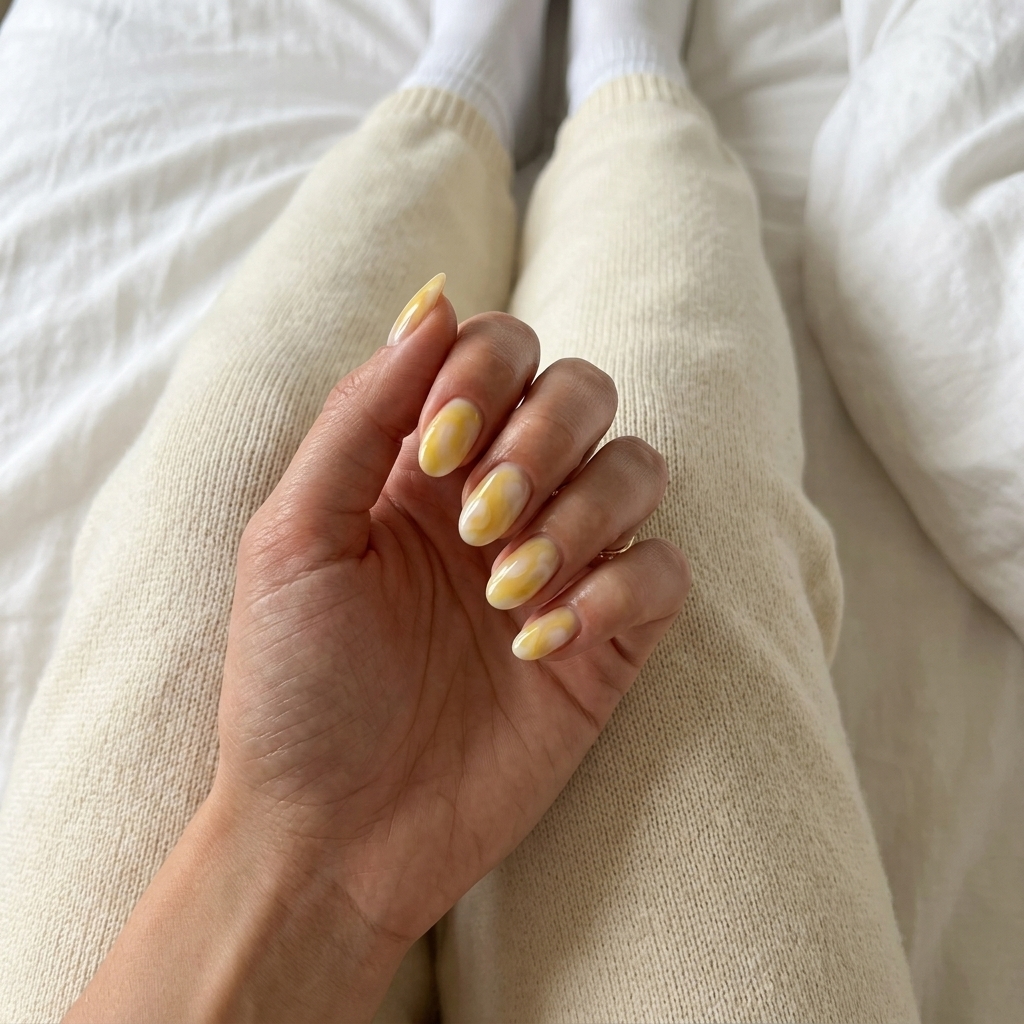 Artistic watercolor swirl yellow and white nails for casual summer outings. Yellow summer nails 2026.