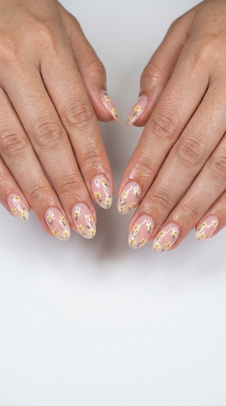 Whimsical pale yellow floral decals on sheer pink nails for garden parties. Yellow summer nails 2026.
