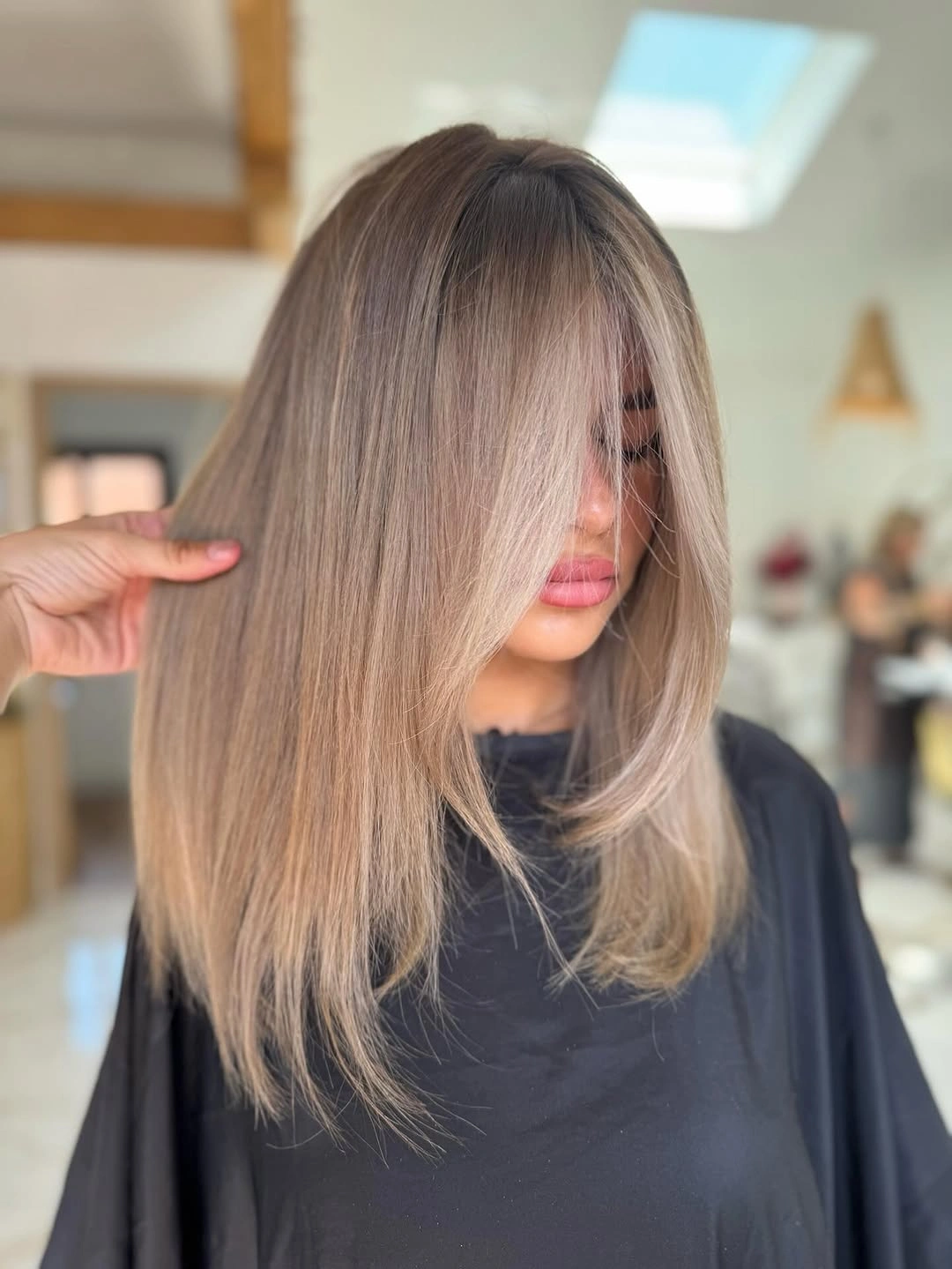 beige blond hair color Smoky Beige Blonde With Silky Precision Layers