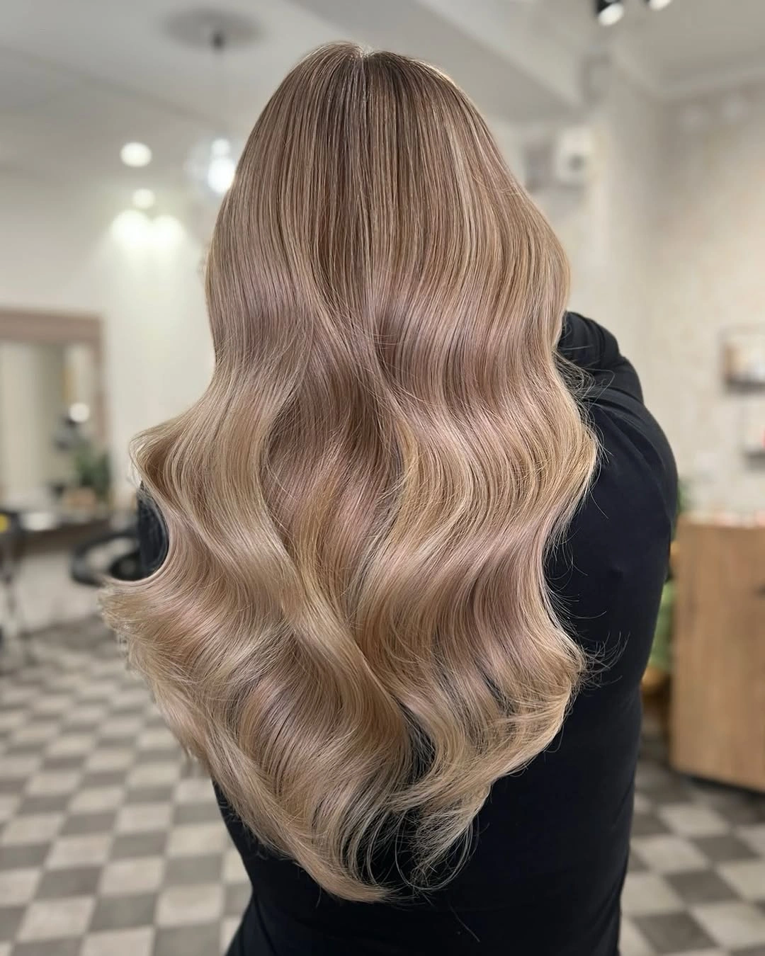 beige blond hair color Glossy Sandy Beige Waves With Seamless Dimension