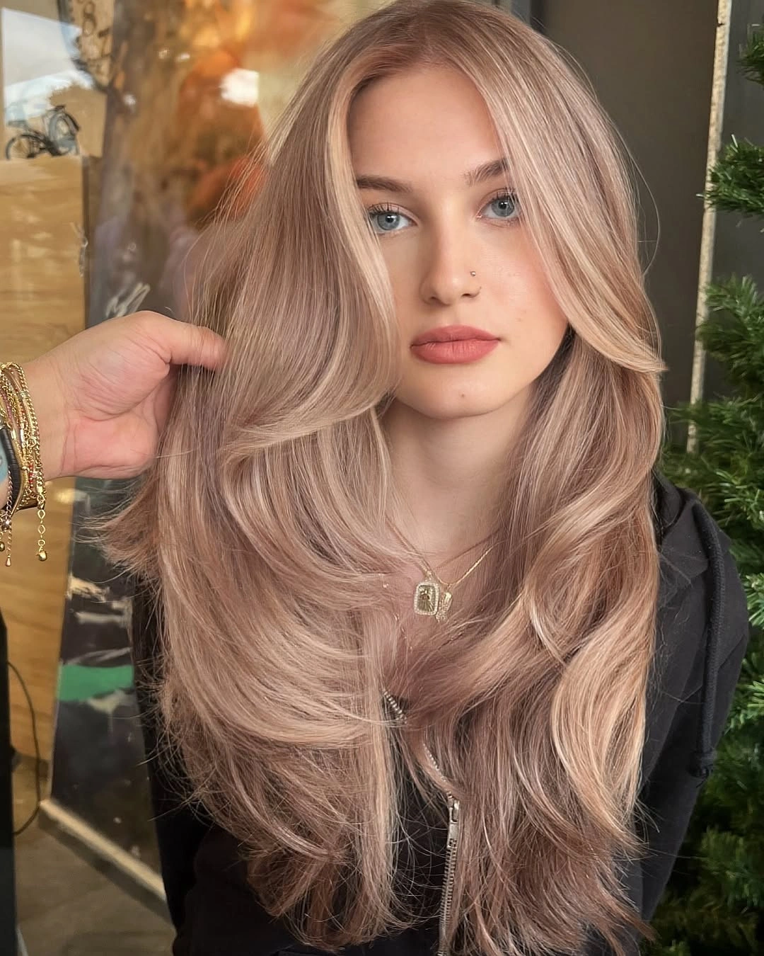 beige blond hair color Rose Beige Blonde With Feathered Volume