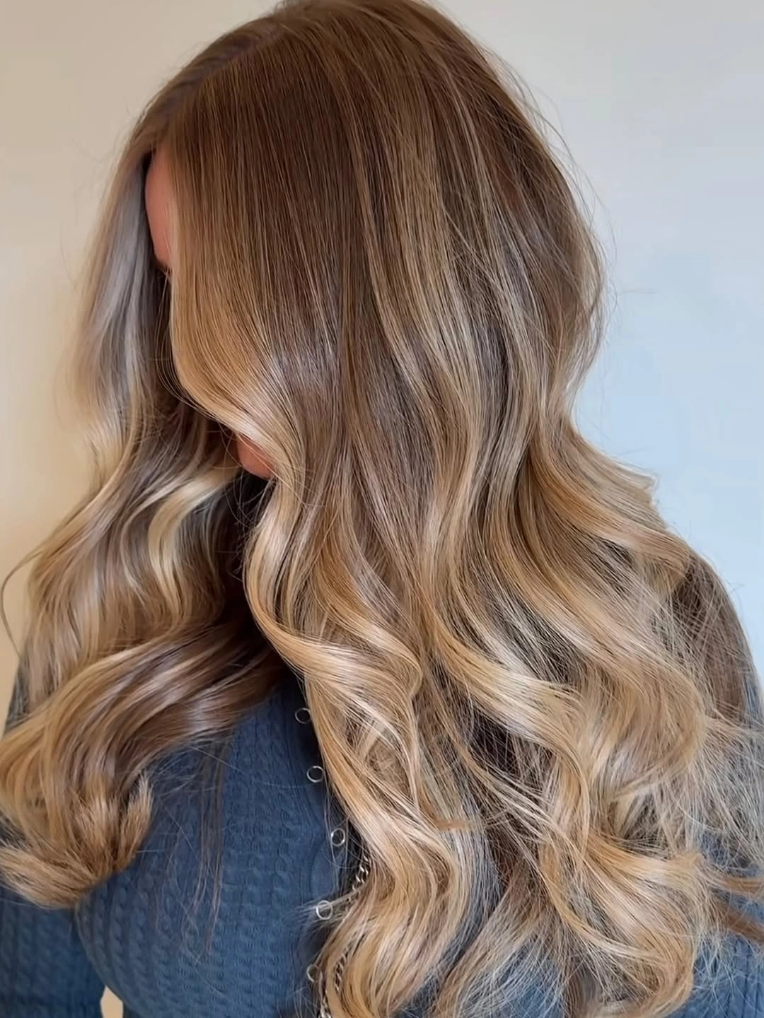 beige blond hair color Golden Beige Blonde Balayage With Soft Cascading Waves
