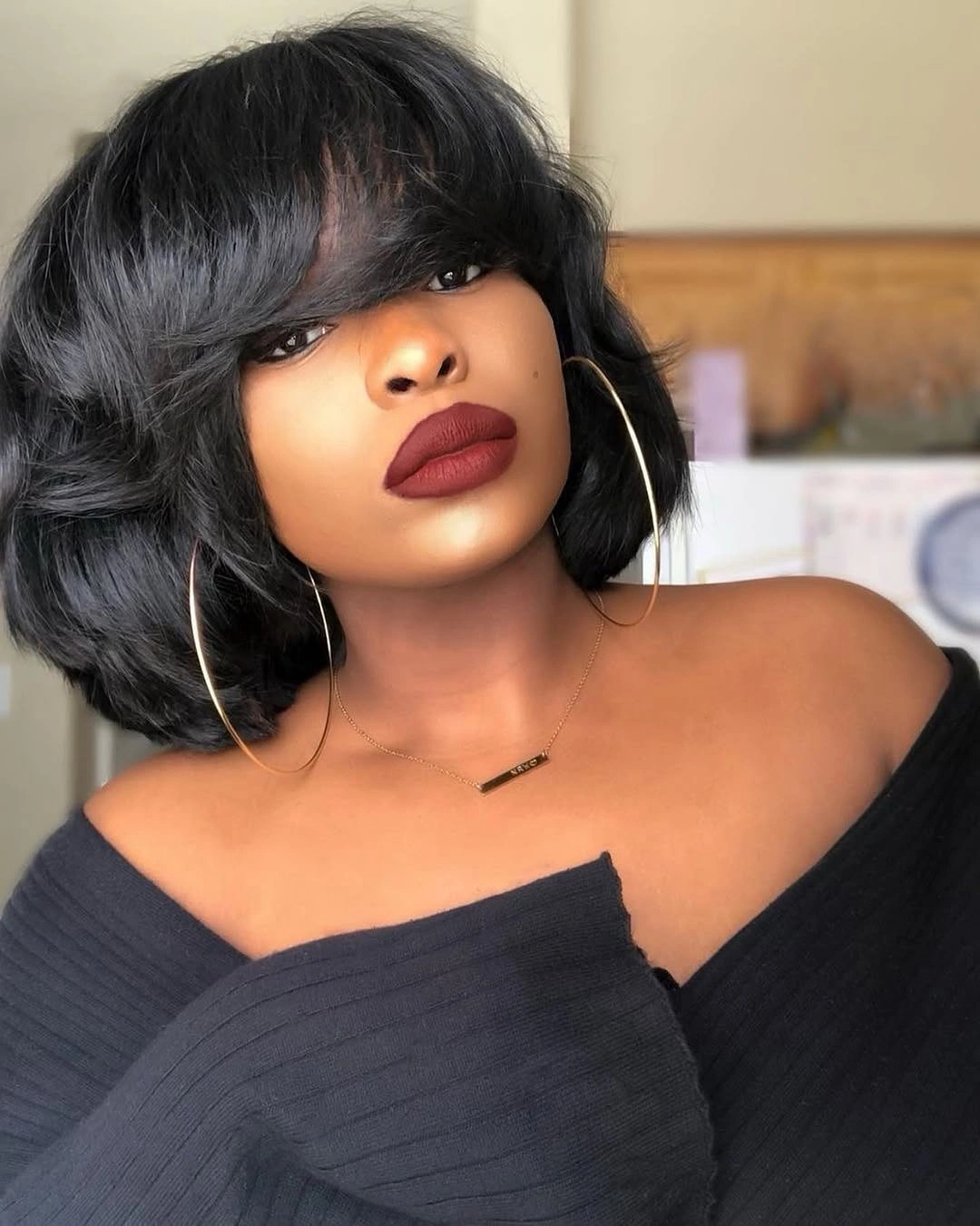 bob hairstyles for black women Soft Feathered Bob With Full Fringe