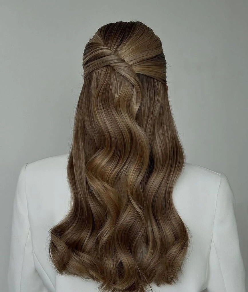 body waves hairstyle Minimalist Twisted Half-Up Waves With Soft Mocha Shine