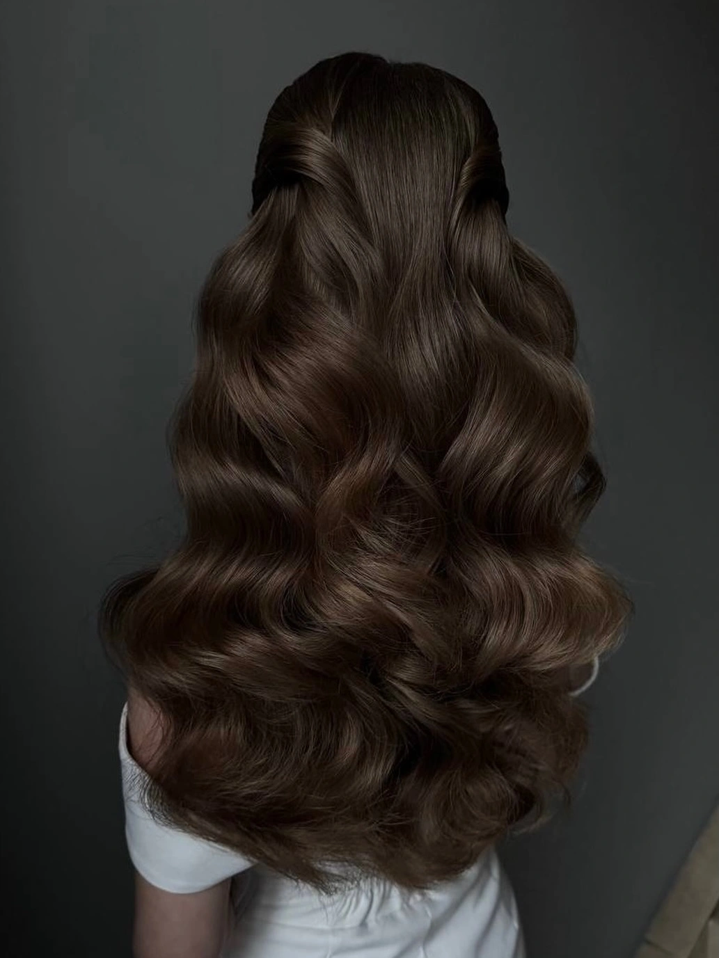 body waves hairstyle Soft Mocha Half-Up Waves With Romantic Texture