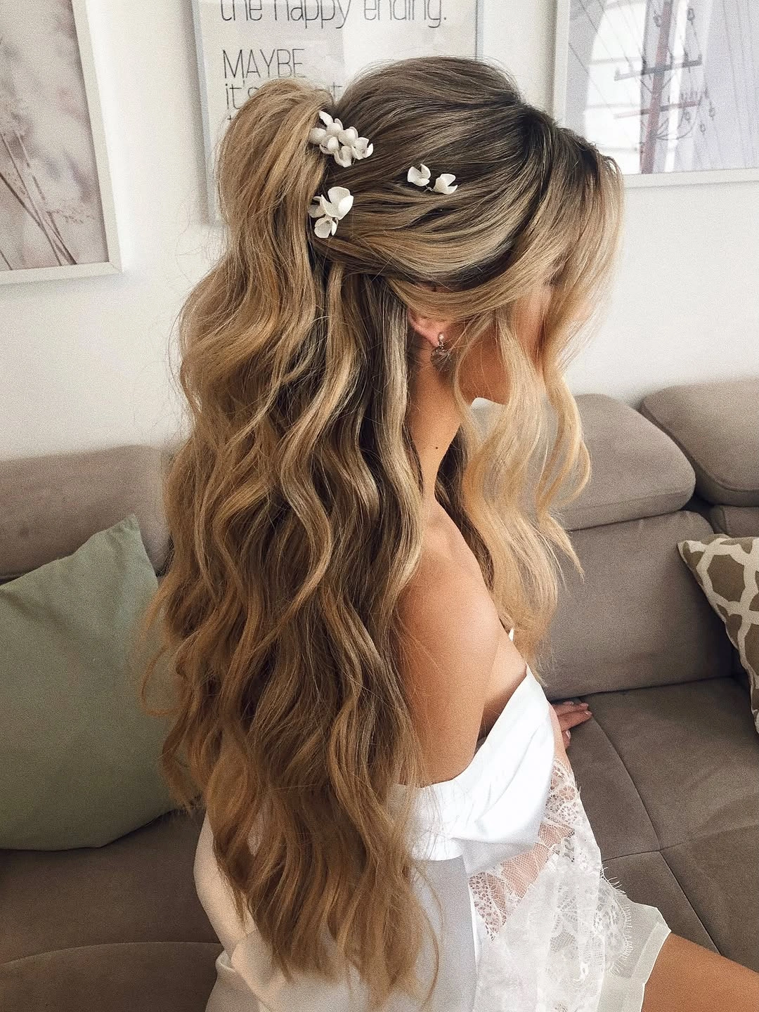body waves hairstyle Romantic Half-Up Waves With Soft Bridal Texture