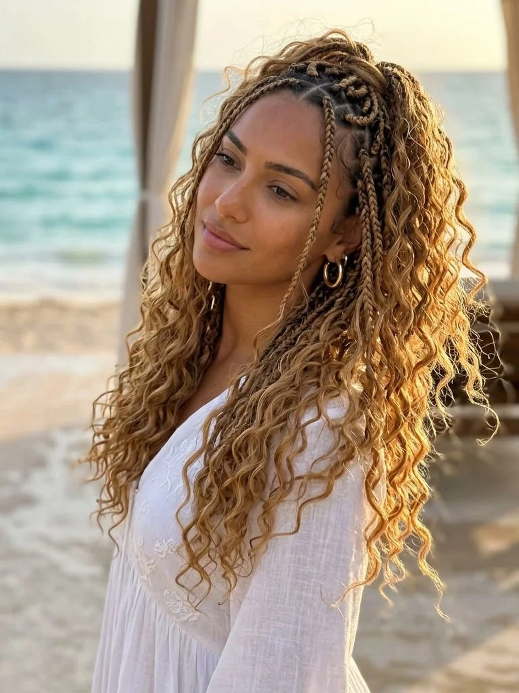 bora bora braids hairstyle Vacation Half-Up Curls With Golden Blonde Braids