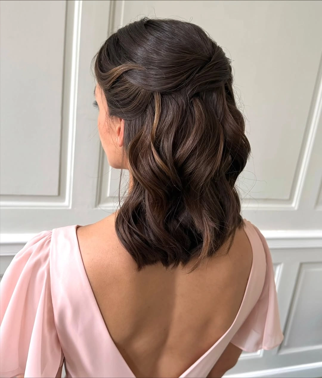 bridesmaid hairstyling Soft Half Up Waves For Shoulder Length Hair
