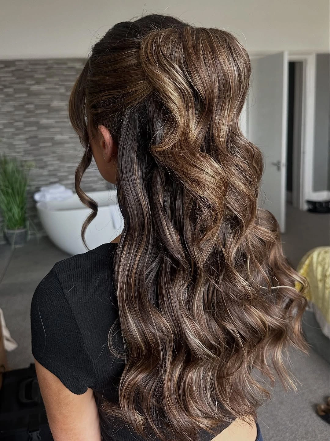 bridesmaid hairstyling Romantic Half Up Hairstyle With Soft Brunette Waves