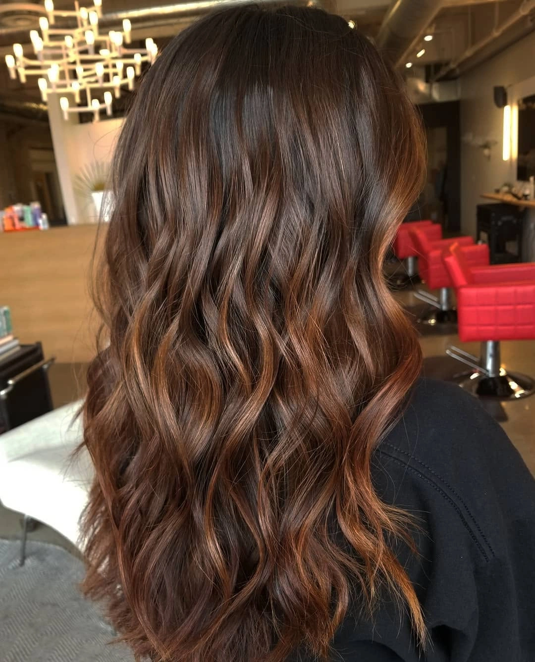 chestnut brown hair color Chocolate Chestnut Waves With Warm Cinnamon Highlights
