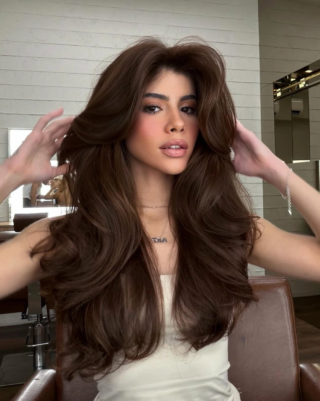 chestnut brown hair color Dark Chestnut Blowout With Luxurious Volume